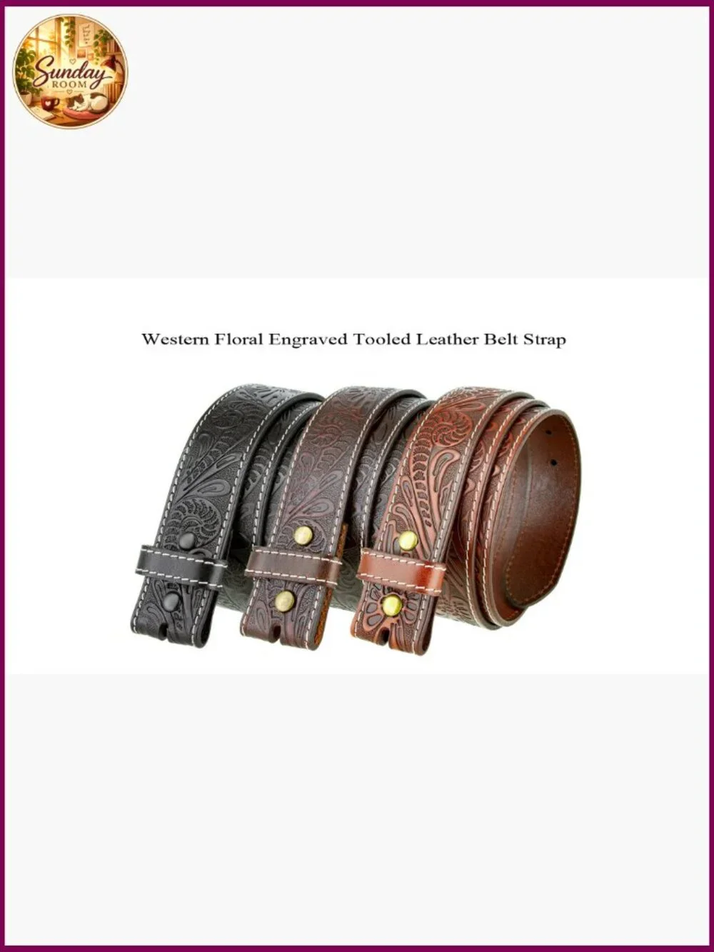 Full Grain Western Tooled Leather Strap Belt 1.5